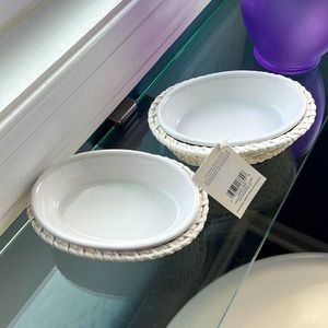 Two Cayman soap dishes. White ceramic dish; white wicker baskets. NWT, $12.